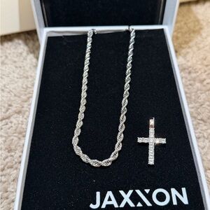 Jaxxon Silver Rope Chain Necklace with CZ Cross Pendant